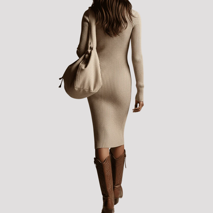 Classic style women's bodycon midi dress with long sleeves & V-neck, a versatile wardrobe staple.