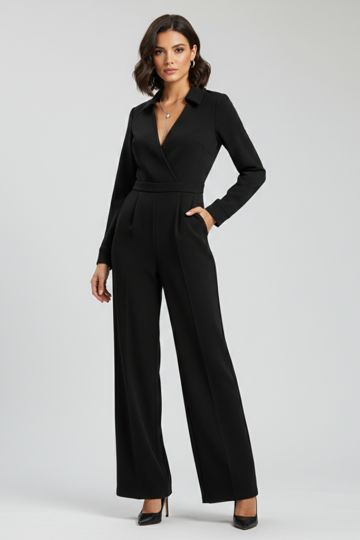 Elegant women's long sleeve wide leg jumpsuit with collared V-neck, perfect for formal or office wear.