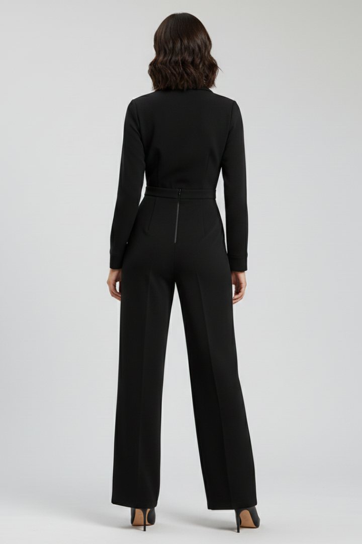 Sophisticated women's wide leg jumpsuit featuring a V-neck and long sleeves for a professional look.