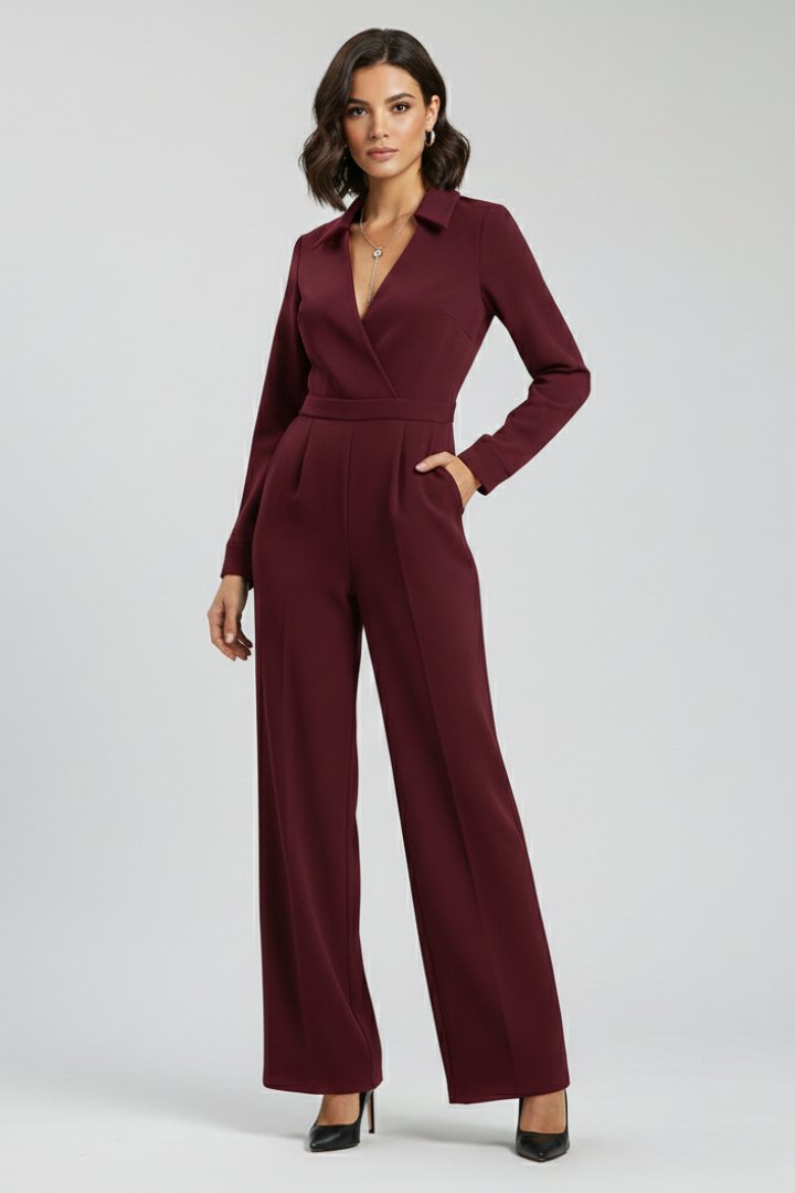 Modern women's collared V-neck jumpsuit with long sleeves & wide legs, versatile for work or evening events.