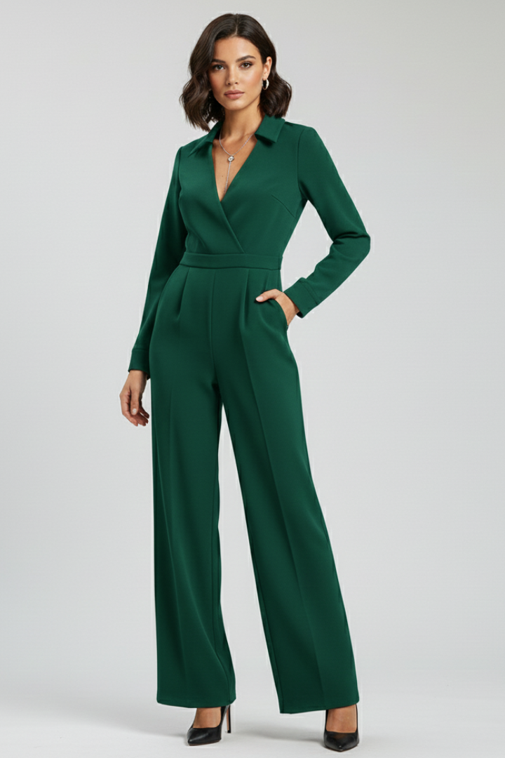 Fashionable women's long sleeve wide leg jumpsuit, a sleek and comfortable choice for office or formal occasions.