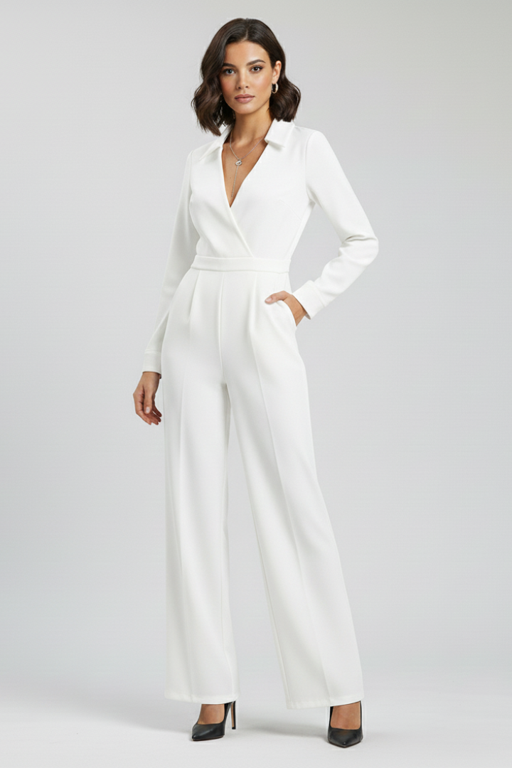 Chic women's V-neck jumpsuit with a collar, long sleeves, and wide legs, offering elegant style and comfort.