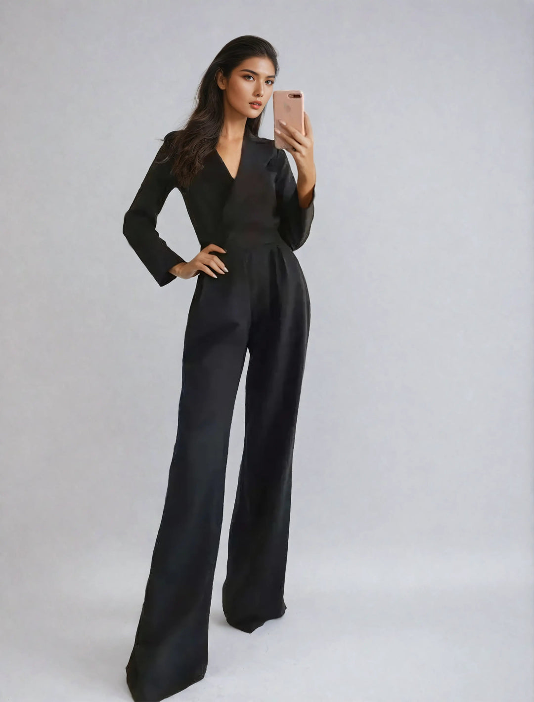 Elegant women's long sleeve wide-leg V-neck jumpsuit. Perfect for sophisticated evening wear & chic party outfits.