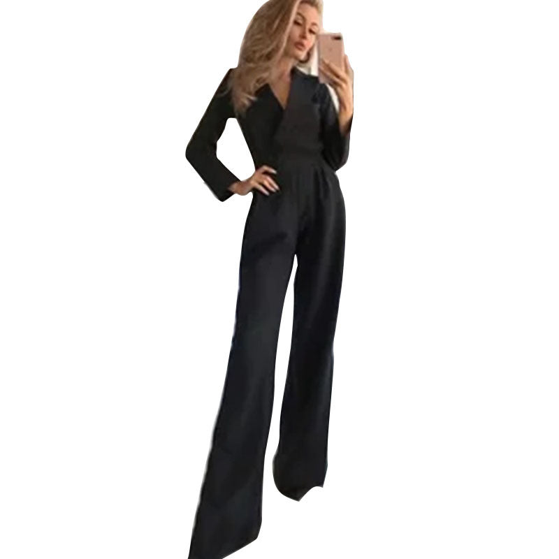 Black women's tailored wide-leg V-neck jumpsuit with long sleeves. Versatile for evening events & stylish daytime wear.