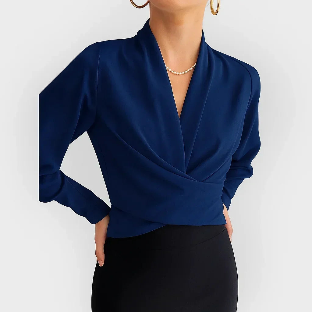 Elegant women's long sleeve wrap blouse, versatile for office wear & casual style. Chic fashion top.