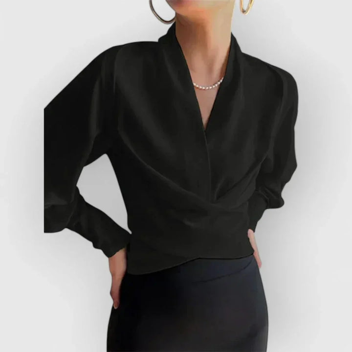 Sophisticated women's long sleeve wrap blouse, an elegant top for professional office wear & relaxed casual.