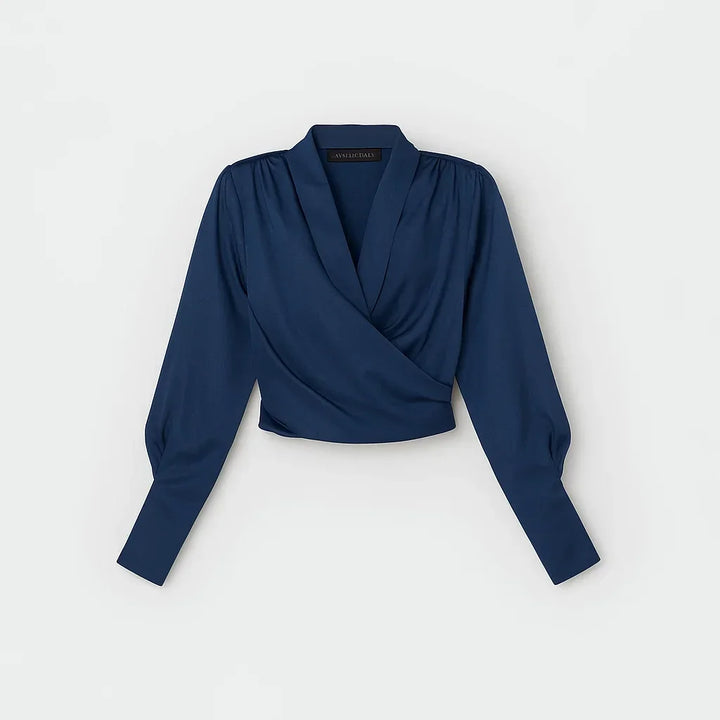 Front view: Elegant women's long sleeve wrap blouse. Perfect versatile top for office wear or casual occasions.