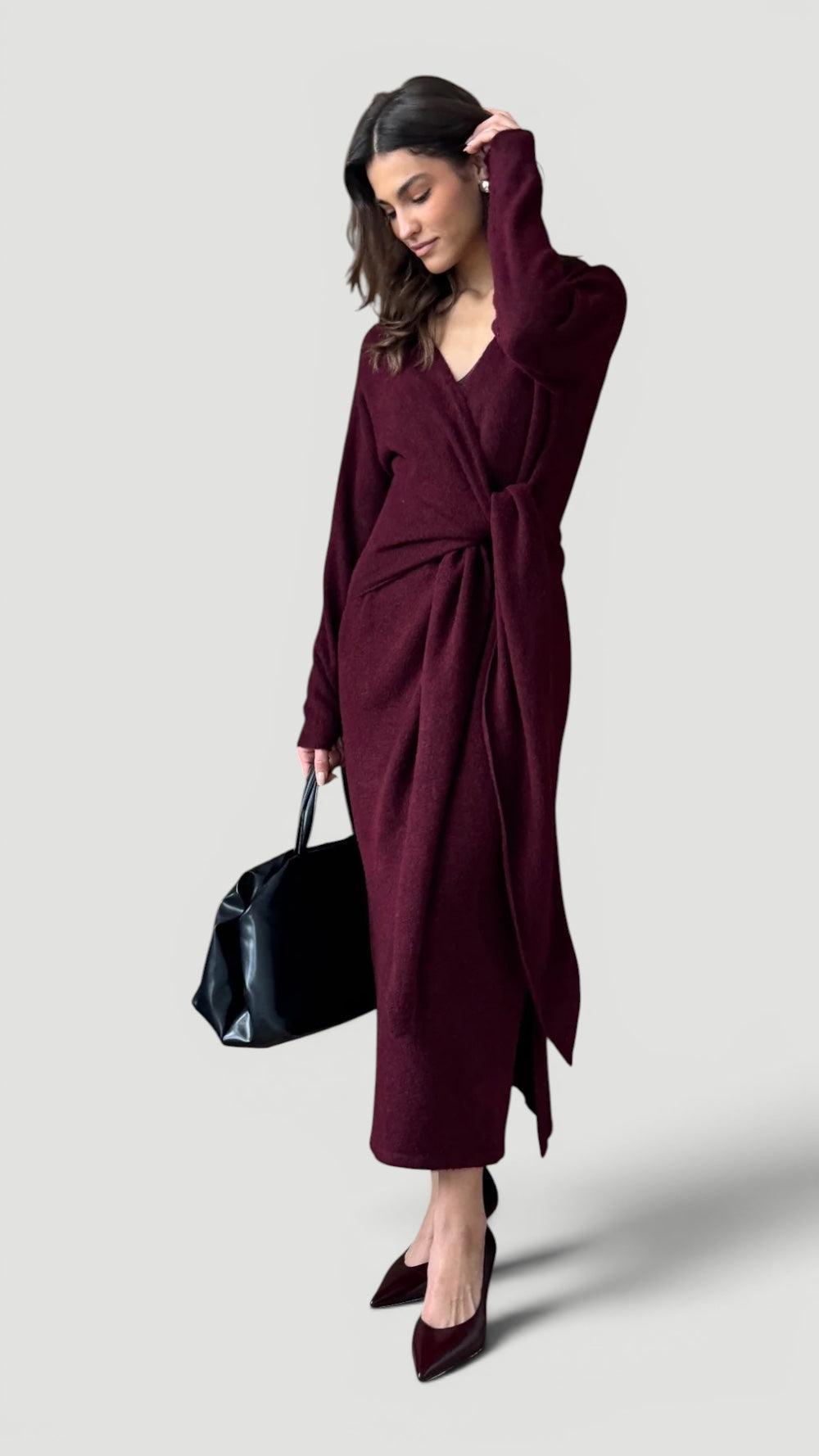 Elegant women's long sleeve wrap dress with adjustable waist for versatile sophisticated style.