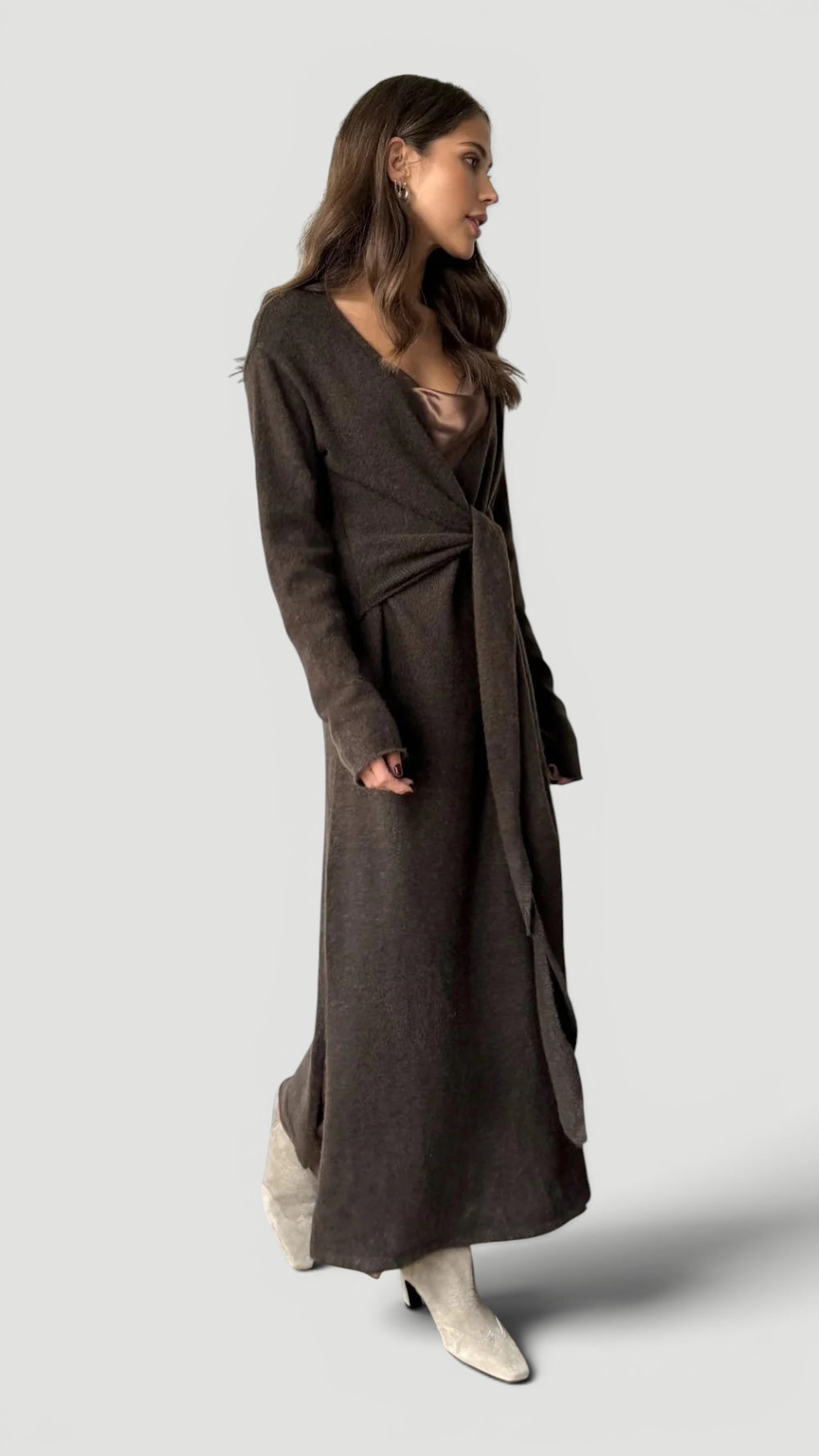 Women's elegant long sleeve wrap dress, a versatile adjustable option for office and evening wear.