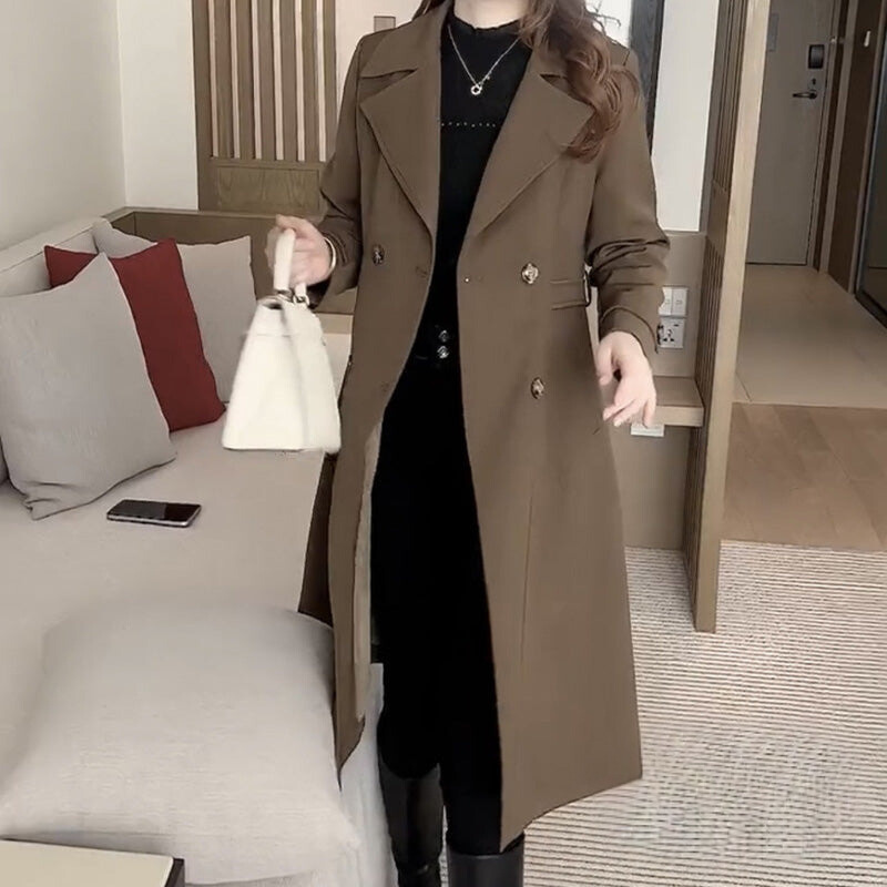 Classic khaki women's long trench coat, a versatile and elegant piece for fall & winter fashion.