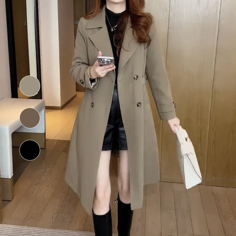 Chic women's long trench coat, combining timeless style with a luxurious feel for everyday wear.