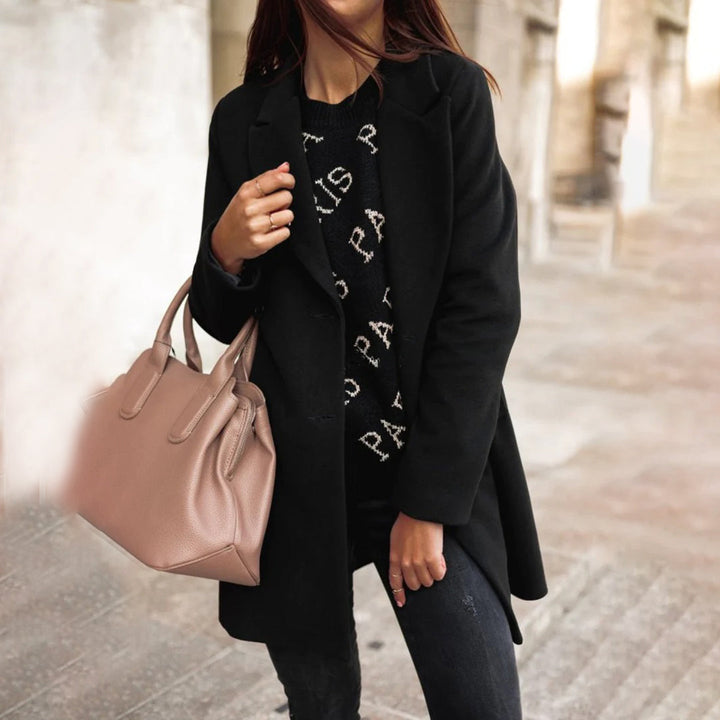 Stylish women's long coat. Fashionable winter outerwear, versatile for any occasion from office to everyday wear.