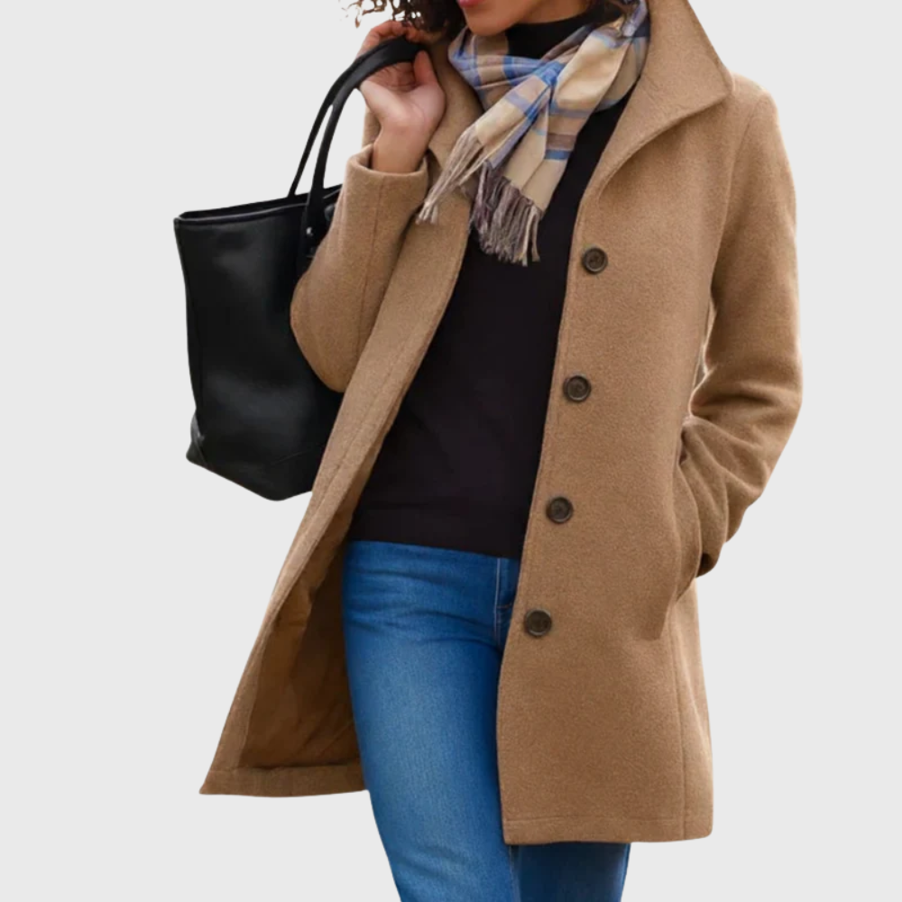 Elegant women's longline coat with classic button-front, perfect for fall & winter fashion.
