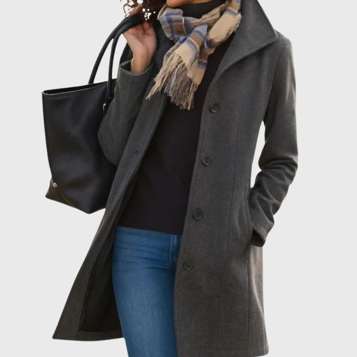 Classic women's longline jacket featuring a sophisticated button-front, ideal for fall/winter style.