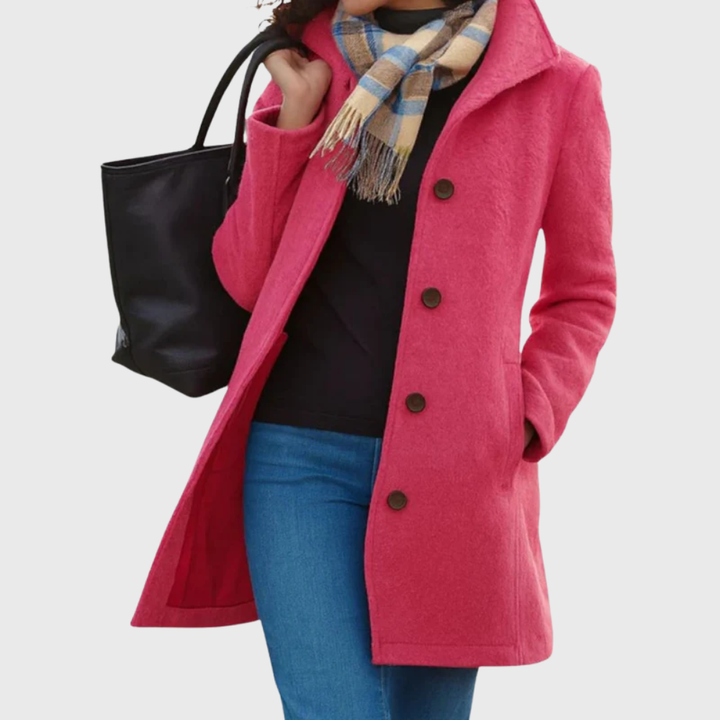 Sophisticated women's button-front longline coat, classic tailored fit for elegant fall and winter fashion.
