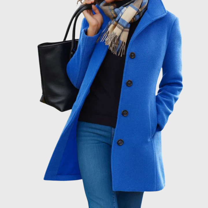 Women's longline outerwear, elegant button-front coat for a refined look in fall and winter.