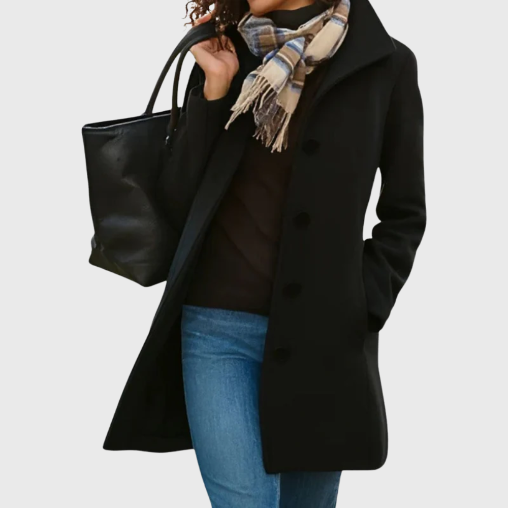 Modern classic women's longline coat, elegant button-front, perfect for workwear & casual chic.
