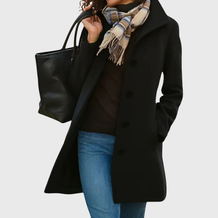 Modern classic women's longline coat, elegant button-front, perfect for workwear & casual chic.