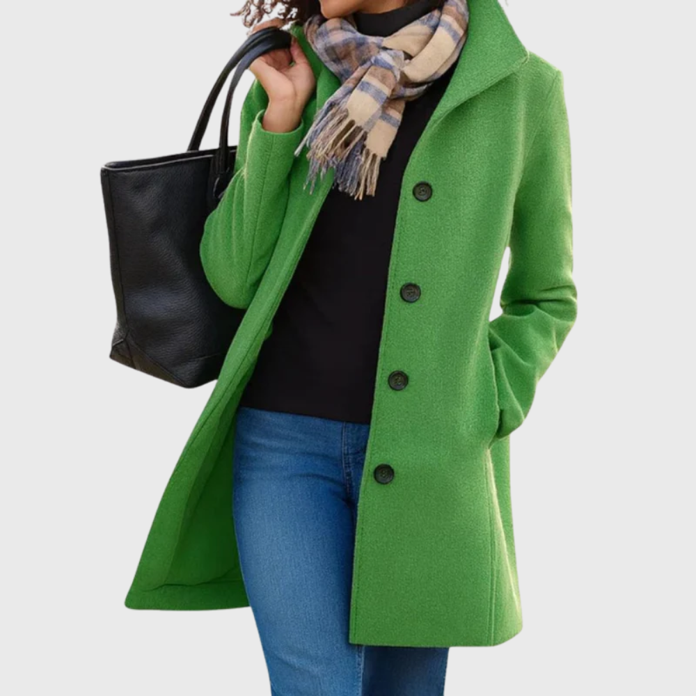 Stylish women's longline fall coat, elegant button-front design, comfortable and chic outerwear.