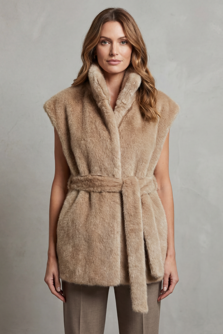 Luxurious plush women's longline vest with an elegant design and an adjustable belt for a flattering fit.