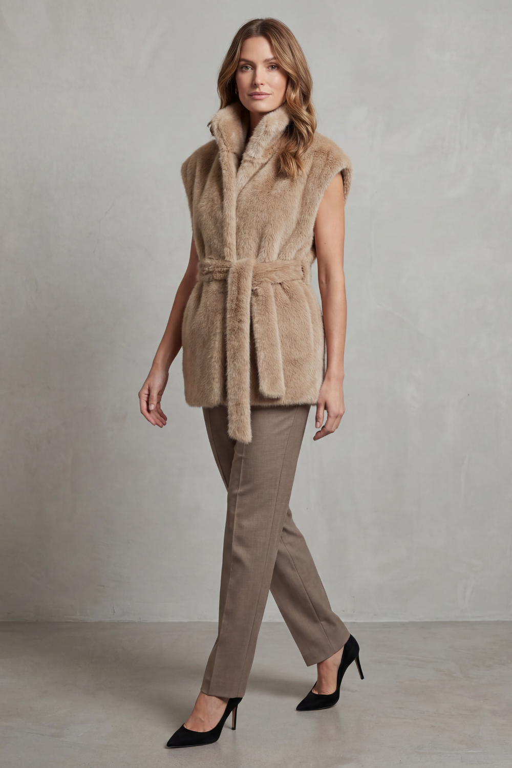 Fashionable brown plush longline vest for women, ideal outerwear for layering, includes a chic adjustable belt.