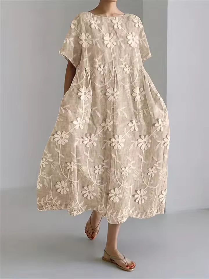 Comfortable women's round neck dress, elegant and loose for versatile everyday styling.