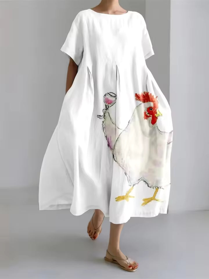 Effortless women's summer dress, loose fit, round neck, offering comfort and style.