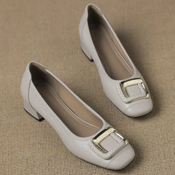 Stylish women's square toe low block heel pumps with a decorative gold buckle for work.