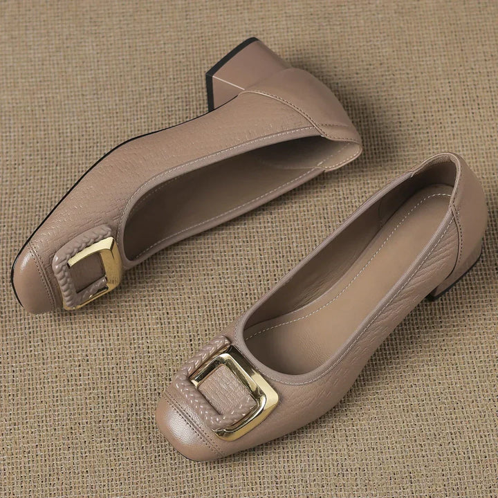 Comfortable slip-on block heel pumps for women, excellent dress shoes for work or elegant events.