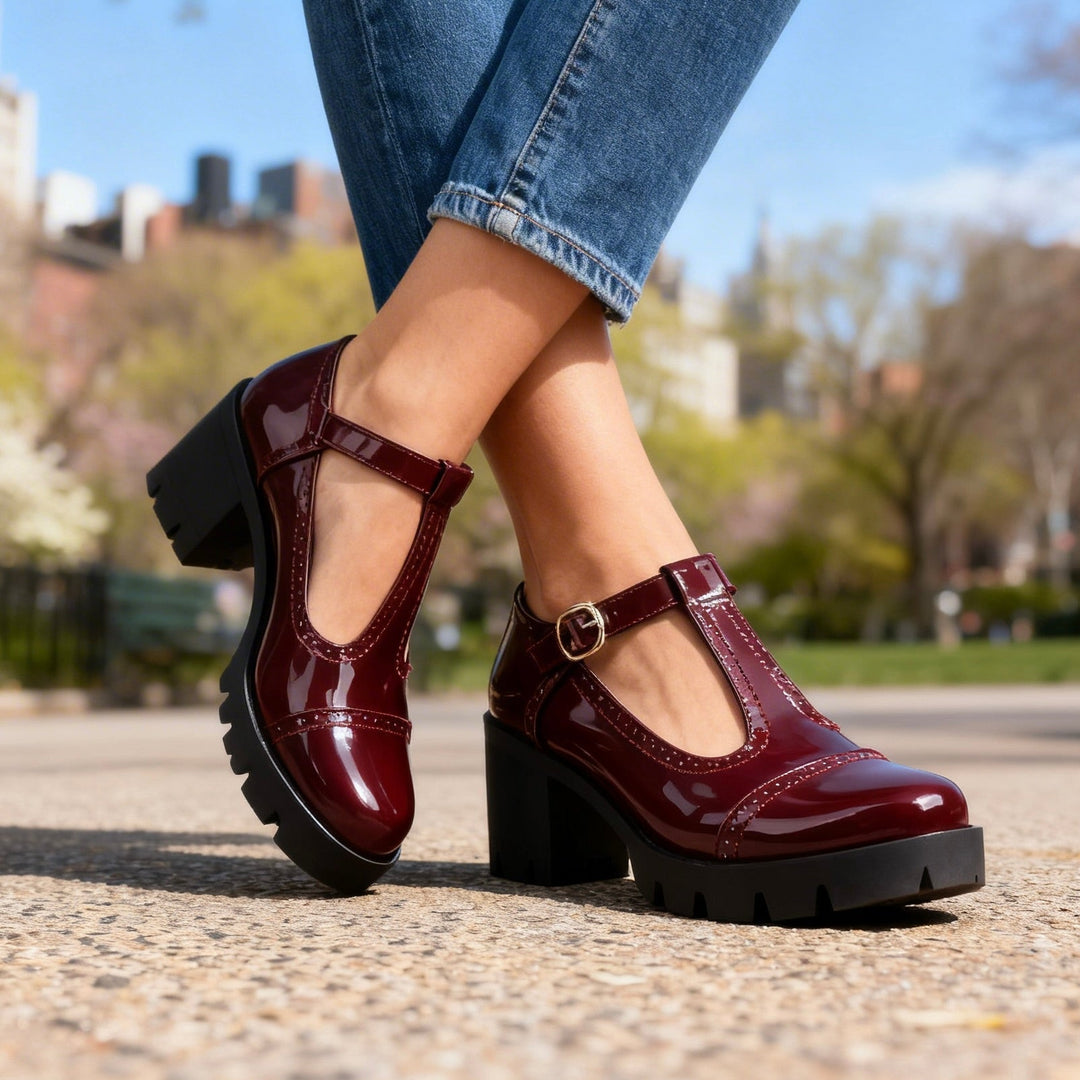 Elegant women's Mary Jane heels with T-bar strap & comfortable block heel, perfect for dress wear.