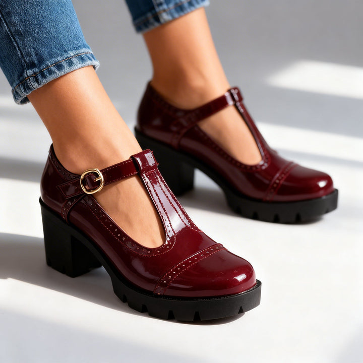 Stylish women's T-bar strap Mary Jane heels, an elegant choice for spring and autumn outfits.
