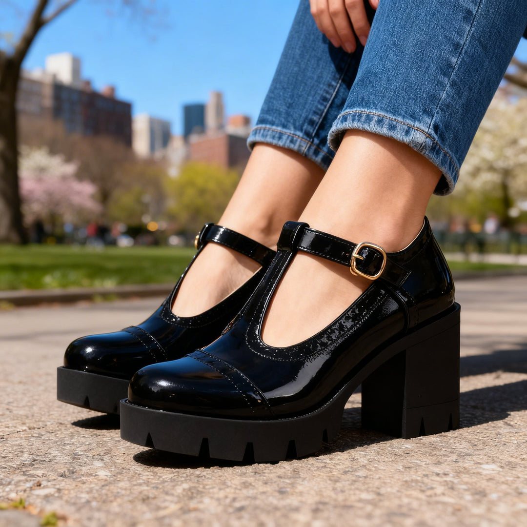 Chic black women's Mary Jane heels, T-bar strap and block heel, ideal for dress or work.