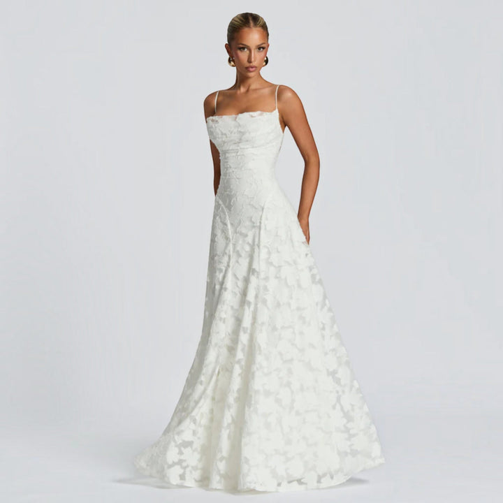 Formal women's evening gown, a sophisticated maxi dress for wedding guests & upscale events.