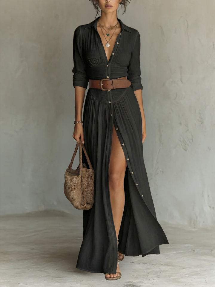 Sophisticated women's party maxi dress, elegant long sleeves, and a distinctive notched collar.