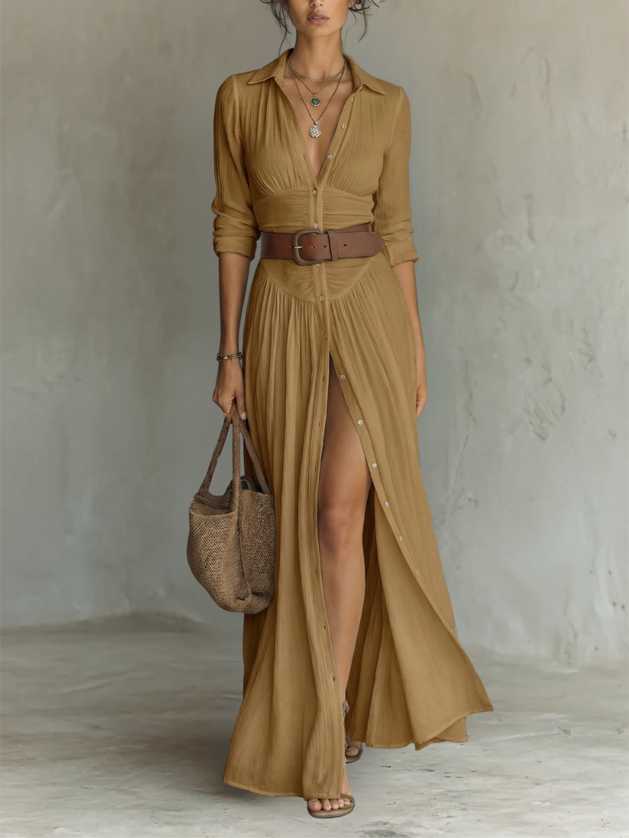 Versatile women's long sleeve maxi dress with a chic notched collar, perfect for elegant casual or party wear.