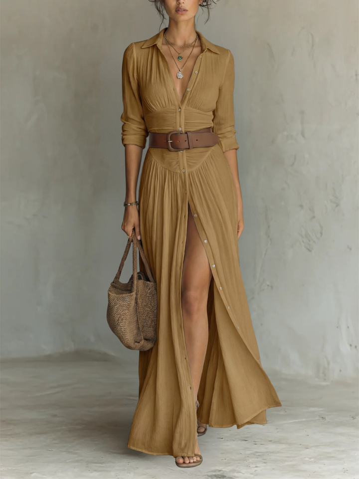 Versatile women's long sleeve maxi dress with a chic notched collar, perfect for elegant casual or party wear.