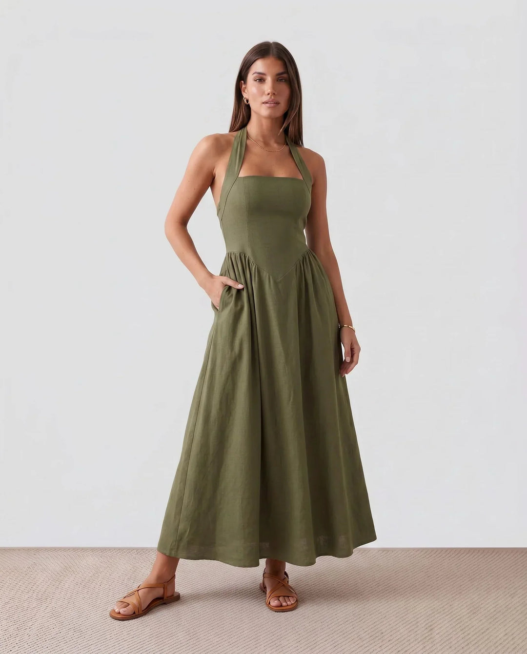Stylish women's halter neck maxi dress for a comfortable and chic summer look, ideal for vacation wear.