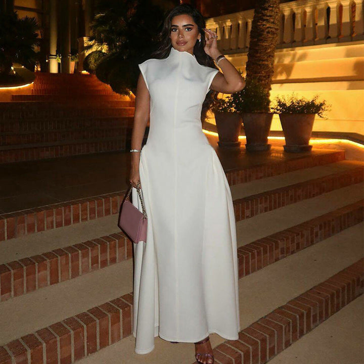 Elegant women's maxi dress with a sophisticated stand collar & chic side slit, ideal for formal events.