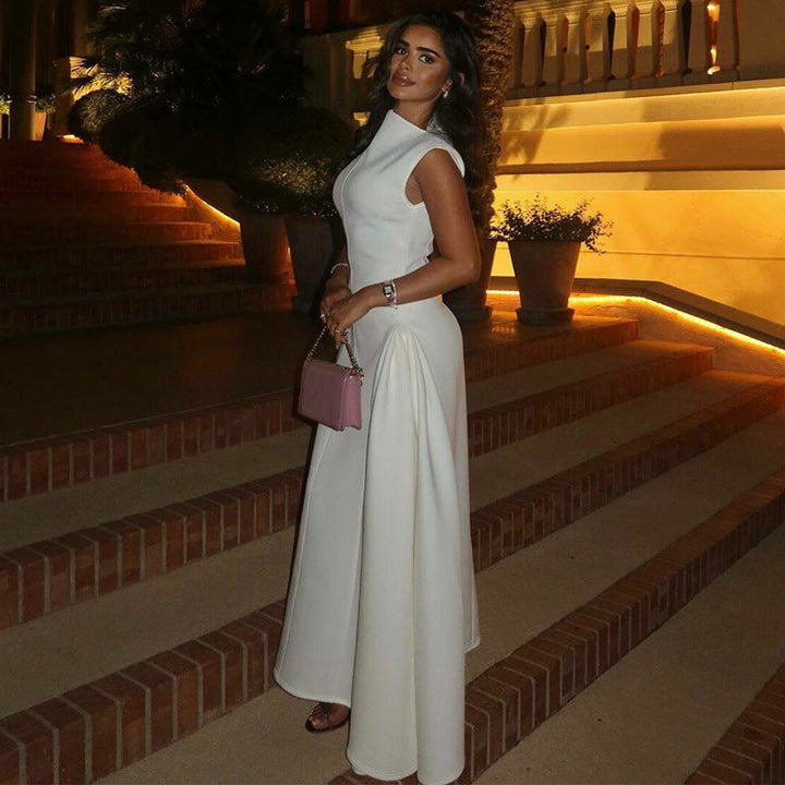 Sophisticated women's long evening gown, featuring an elegant stand collar & stylish side slit detail.