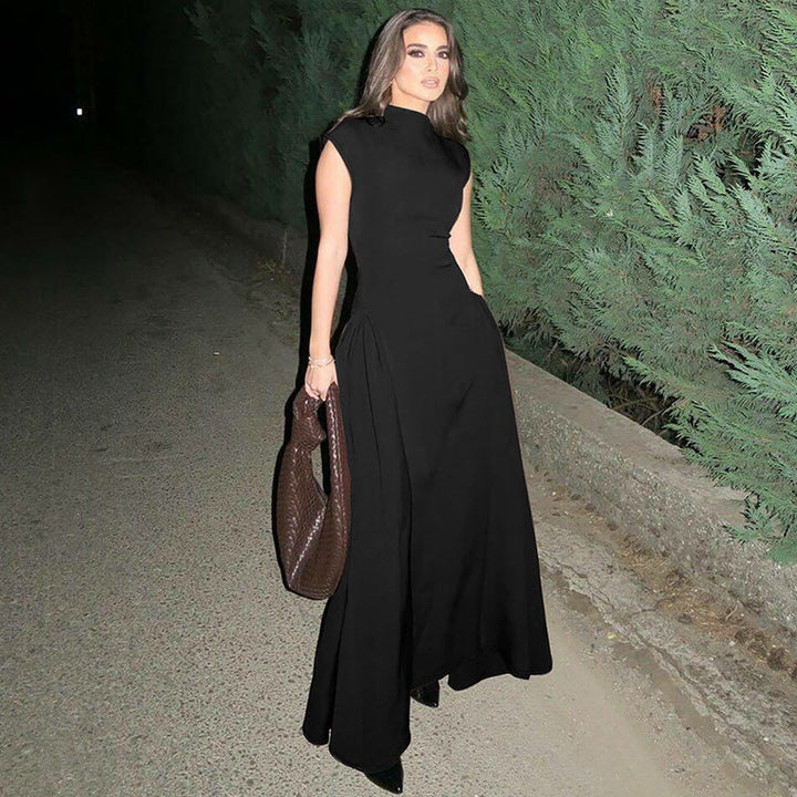 Fashionable women's elegant maxi dress. Long and sleek with a stand collar and alluring side slit.