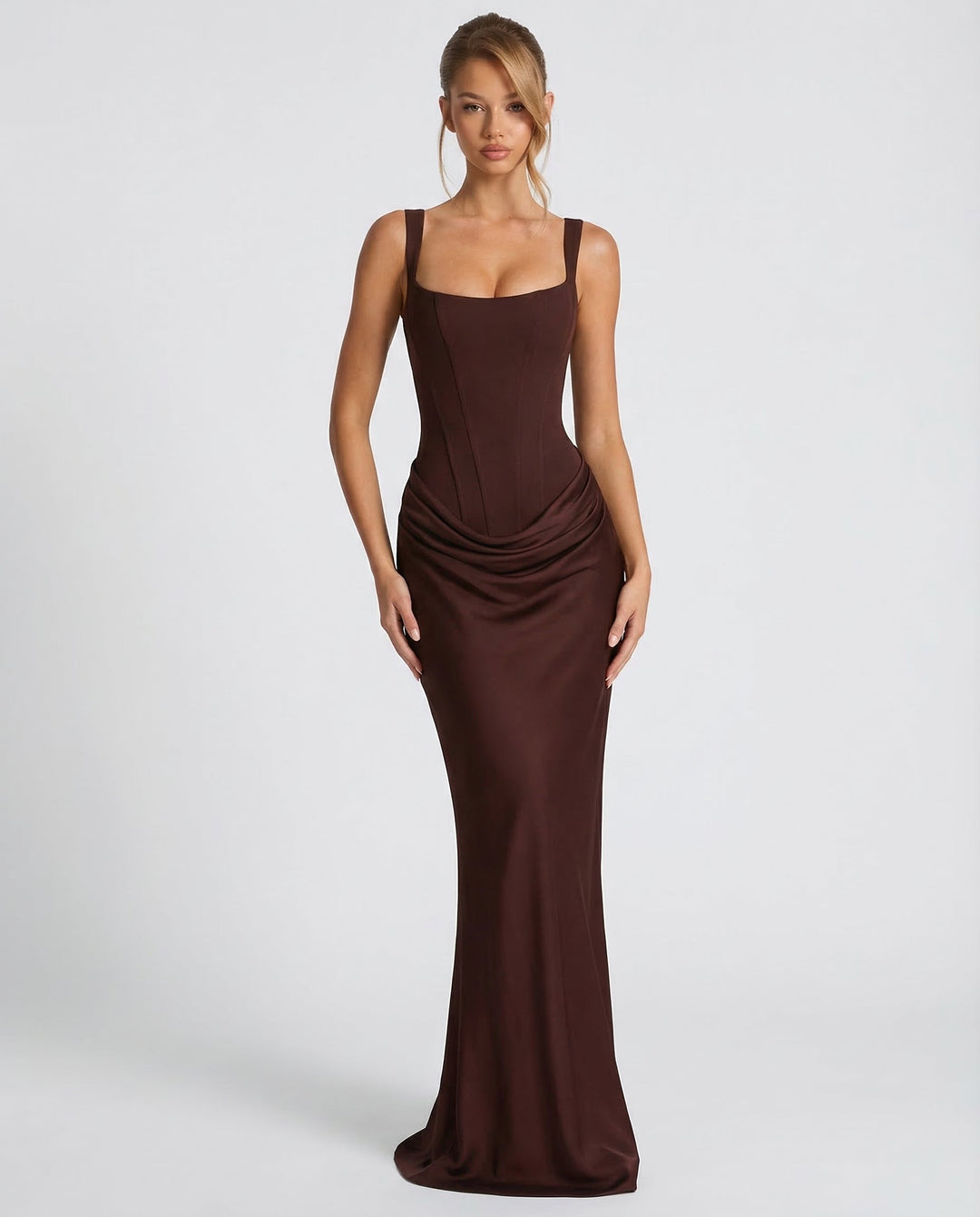 Elegant women's maxi dress with corset-inspired bodice, perfect for formal events & evening wear.