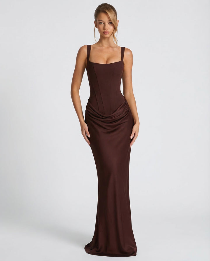 Elegant women's maxi dress with corset-inspired bodice, perfect for formal events & evening wear.
