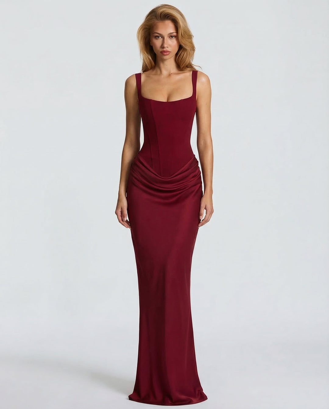 Elegant women's corset-inspired maxi dress, long formal wear for parties and special occasions.