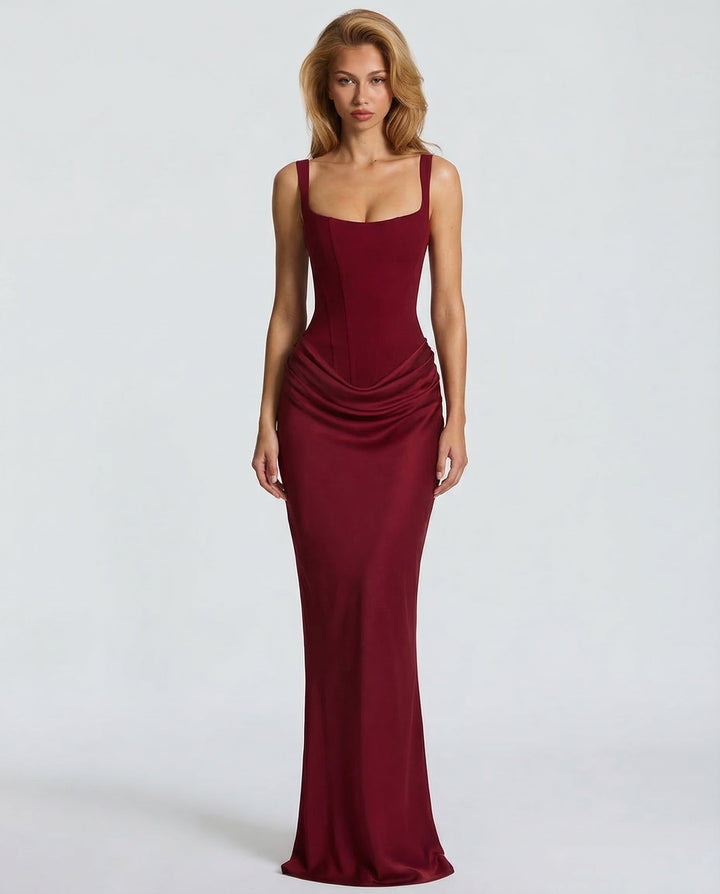 Elegant women's corset-inspired maxi dress, long formal wear for parties and special occasions.