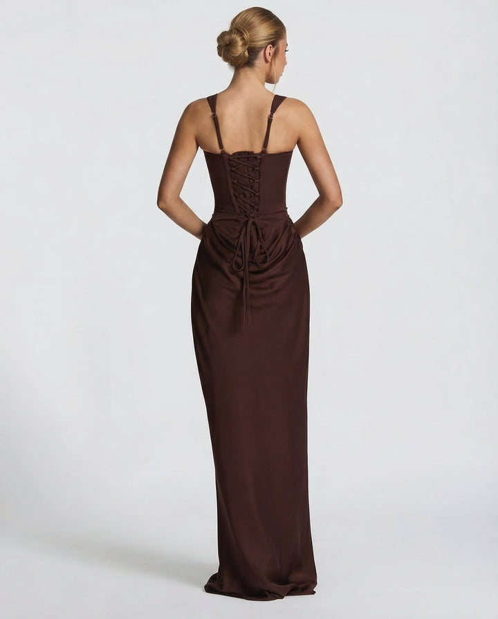 Corset-inspired elegant maxi dress for women, featuring a flattering silhouette & adjustable straps.