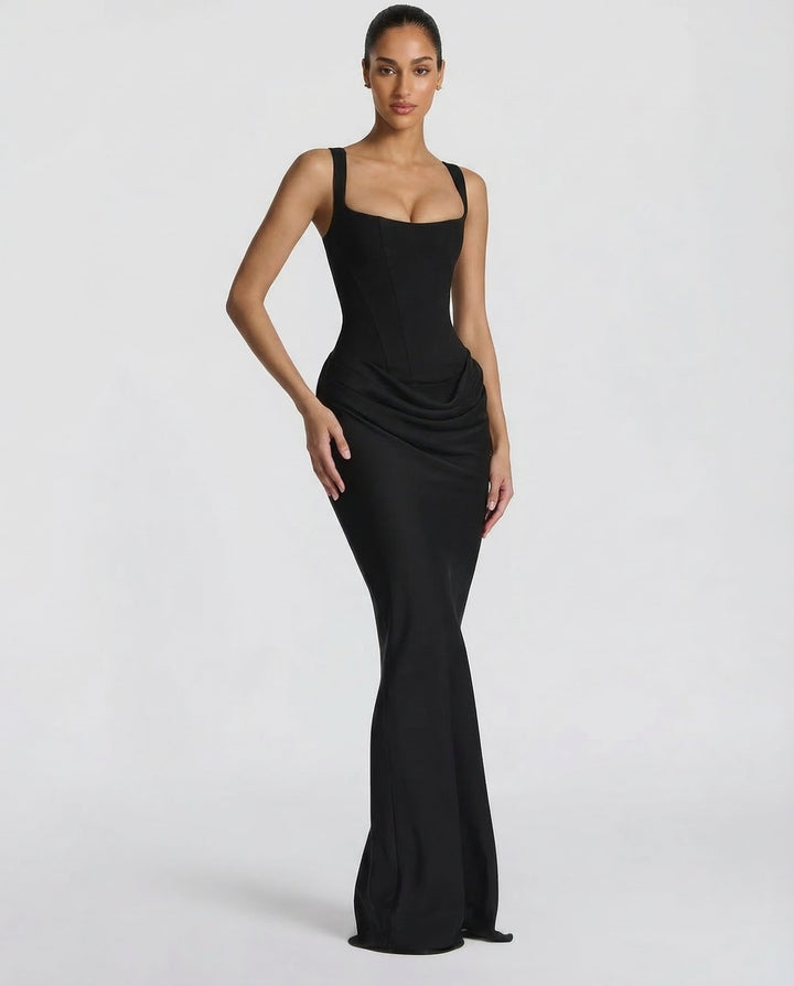 Sophisticated women's maxi dress with corset bodice, adjustable straps, ideal for formal & party wear.