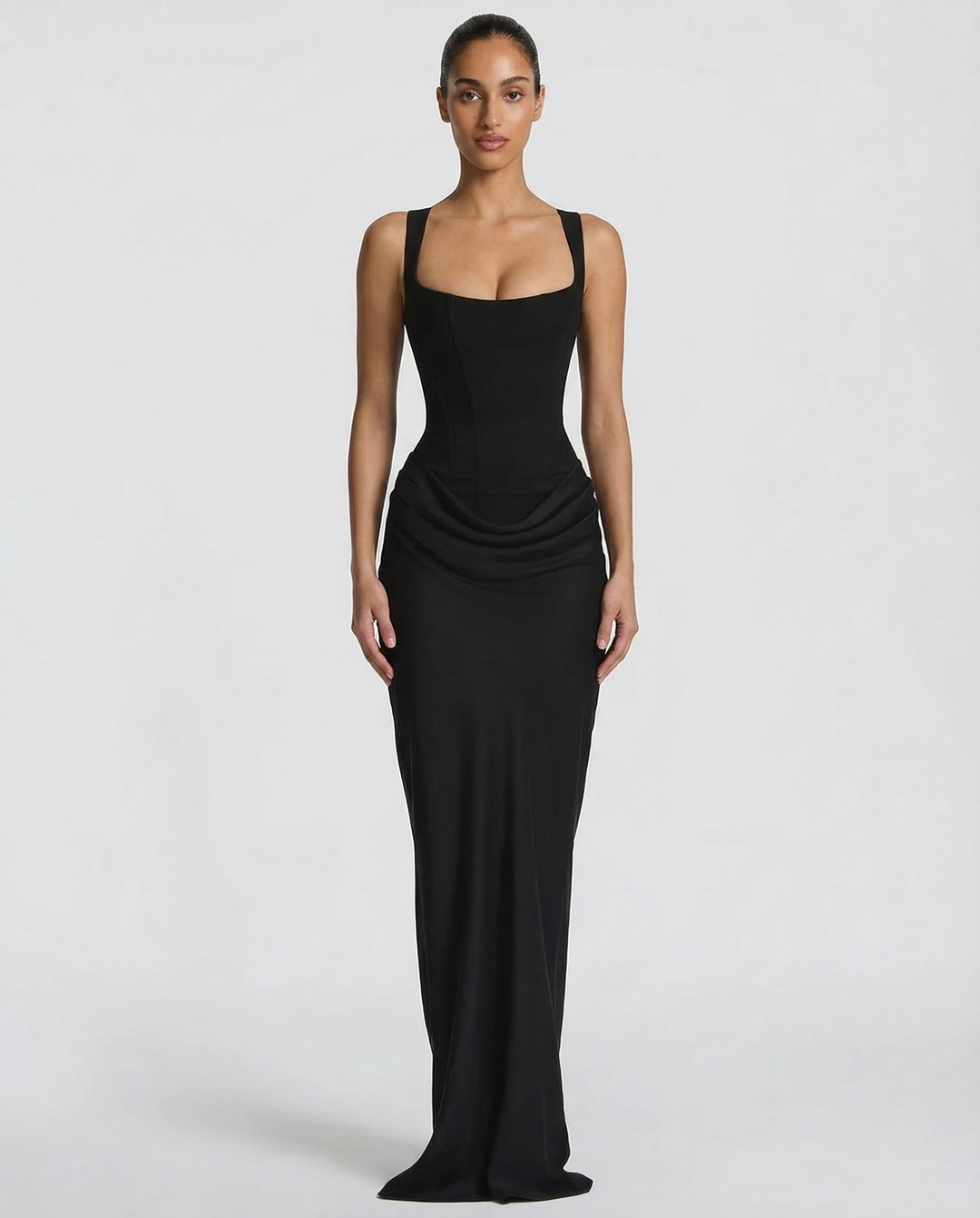 Chic women's formal maxi dress, corset-inspired design, suitable for elegant parties & special occasions.
