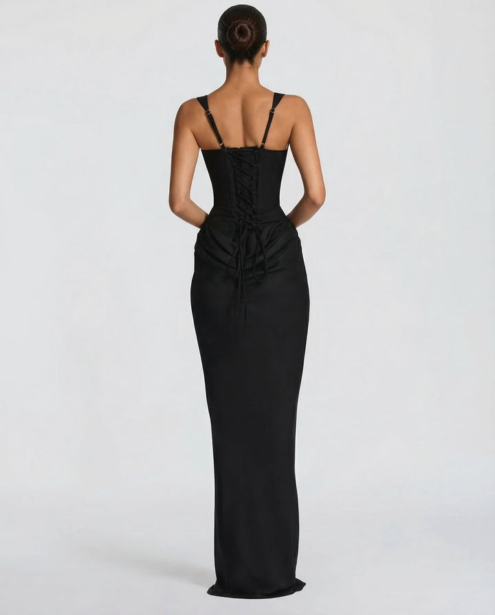 Special occasion women's maxi dress, elegant corset style, long gown for formal events and parties.