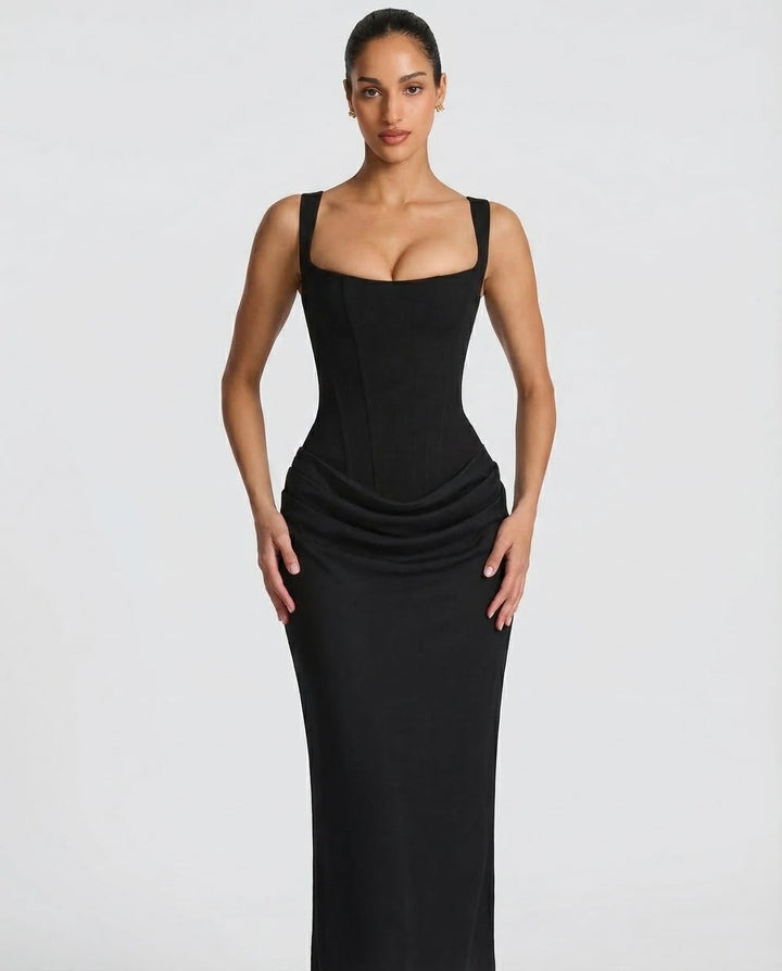 Women's elegant long maxi dress, corset-inspired bodice, adjustable straps for formal and evening wear.