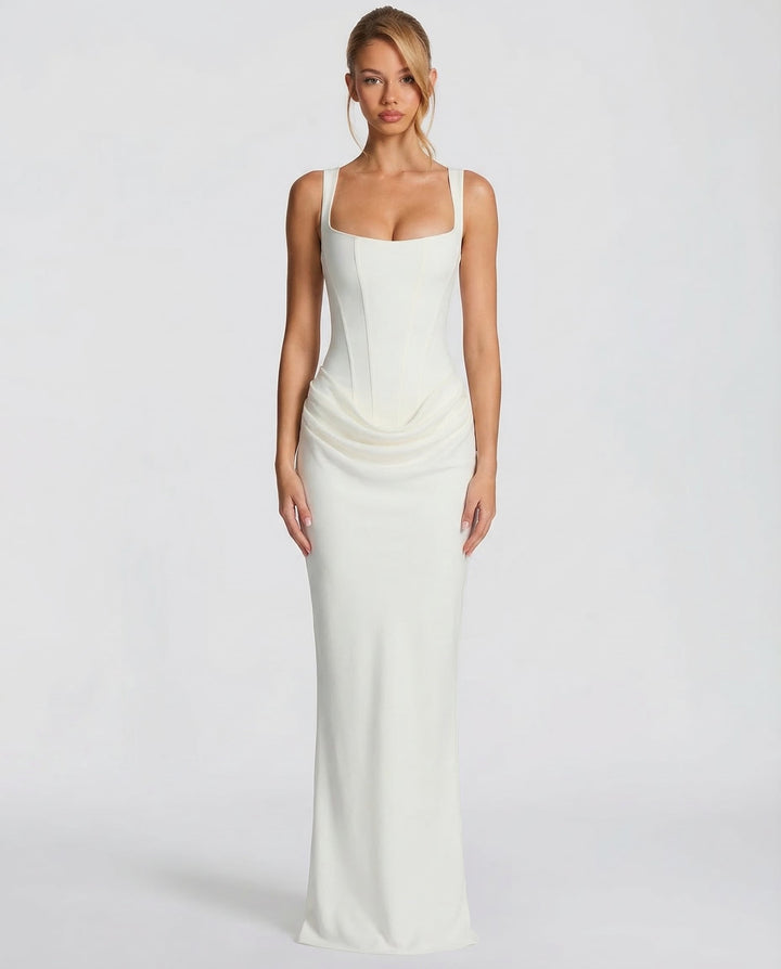Flattering women's elegant maxi dress, corset-style top, perfect formal evening gown with adjustable straps.